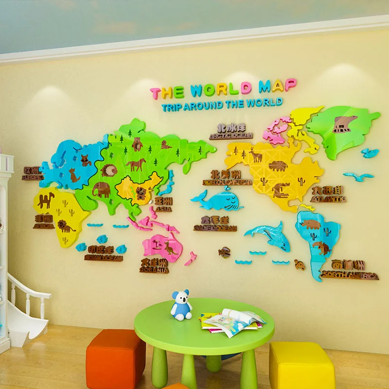 

Creative DIY cartoon world map INS chidren's room bedroom living room TV background wall decoration 3D acrylic wall sticker