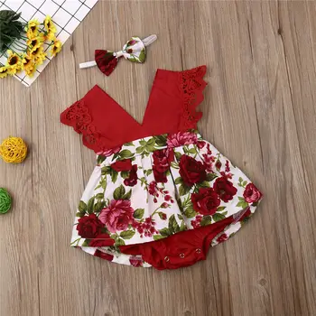 

Emmababy Toddler Baby Girl Lace Red Floral Bodysuits Fashion V Neck 2pics Headband Outfits Girls Clothes Bodysuit