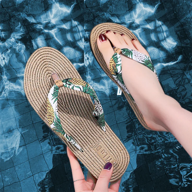 

2019 Imitation woven Straw Flax Women Sandals Slippers Flat flop Beach heeled Women Shoes