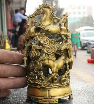 

WBY918+++Folk China Fengshui Brass Auspicious Horses Animal Statue Brush Pot Pencil Vase