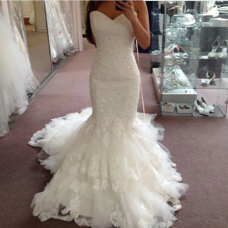 

2019 Ivory Strapless Lace Beaded Sequins Mermaid Wedding Dresses Sexy Sleeveless Sweep Train Spring Fall Bridal Gowns Custom