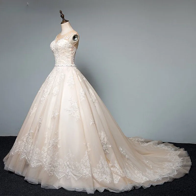 Свадебное платье цвета шампанского с кружевной аппликацией цвета слоновой кости, свадебное платье мусульманского размера плюс, кружевное свадебное платье, свадебное платье принцессы - Цвет: Шампанское