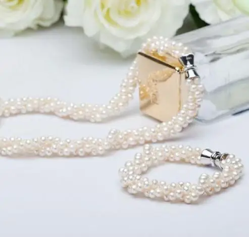 

New Arriver 3-4mm White Color AA Grade Freshwater Pearl Necklace Bracelet White Magnet Clasp 18inches And 7.5inches Free Shippin
