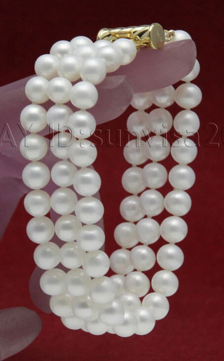 

shipping2015 fashion AAA beautiful 3 row 7-8mm white fresh water round pearls bracelets 5.25
