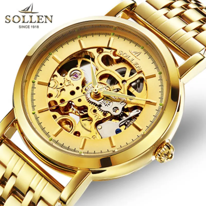 

Relogio Masculino SOLLEN automatic mechanical watch male clock double-sided hollow waterproof steel men wristwatches
