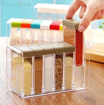 

6pcs Transparent Plastic Condiment Box For Kitchen Articles Material PP PS Rectangle Removable Seasoning Pot kichen Combination