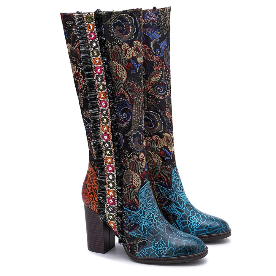 Retro Bohemian Knee High Boots Women Shoes Genuine Leather Cowgirl Women Boots Autumn Winter Vintage Zip Block Colors High Heels (11)
