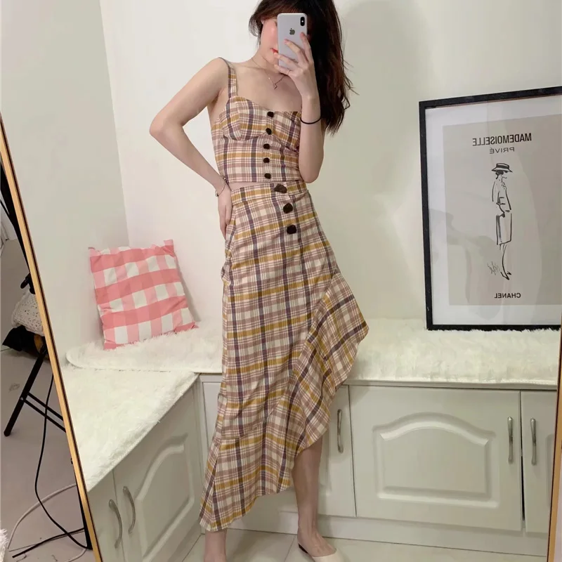 

2-piece Set Summer Women Sling Plaid Shirt + Irregular Lattice Skirt Women Summer Vintage Button Short Tops