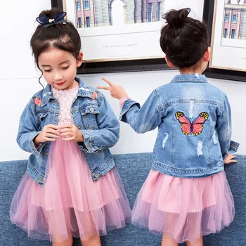 

2018 Spring Girls Fashion Denim Jacket Kid Casual Long-Sleeve Outerwear Coat Flower Embroidered Butterfly Hole Girls Jean Coats