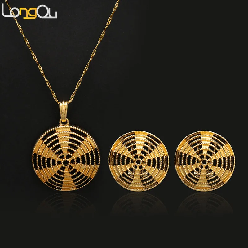 

Ethiopian Jewelry Fashion Scroll Pendant Necklace And Drop Earring Set Women Dubai African Jewelry Sets Gold-color