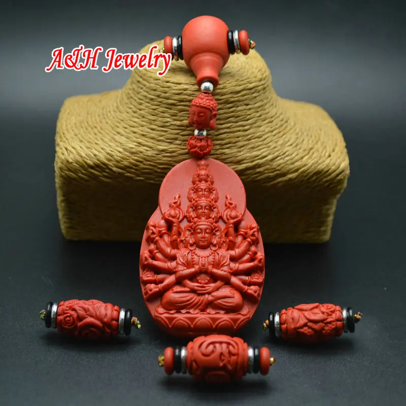 

5pcs DIY Guru Beads Red Cinnabar Carved Thousand-hand Pendants Flower Barrel Shape Buddha Head Beads Prayer Necklace Making