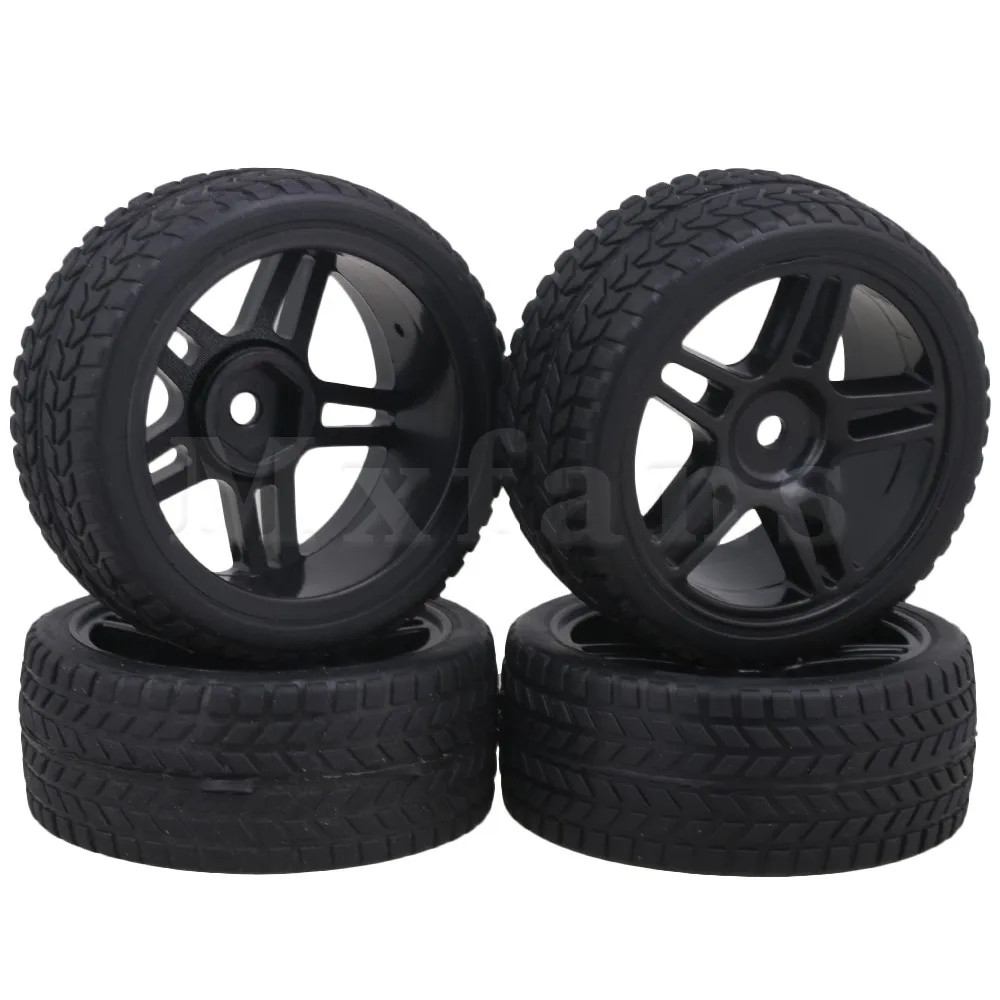 Mxfans 12mm Hex Black Plastic 5 Star Wheel Rims Double Arrow Pattern Rubber Tires for RC