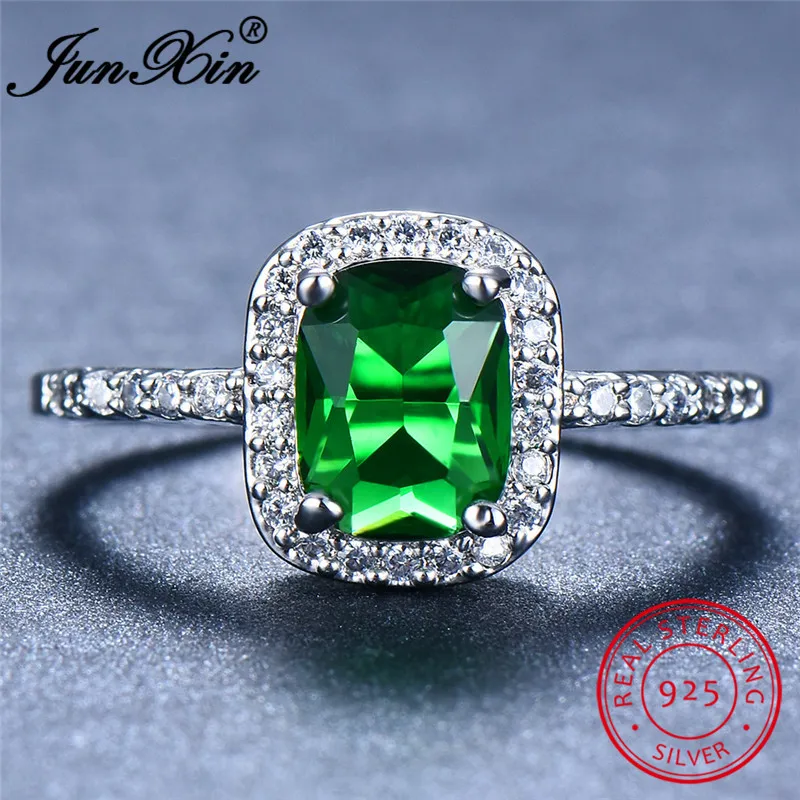 JUNXIN 100% Real s925 Sterling Silver Square Rings For Women Purple Green White Blue Zircon Rainbow Birthstone Ring Wedding Gift