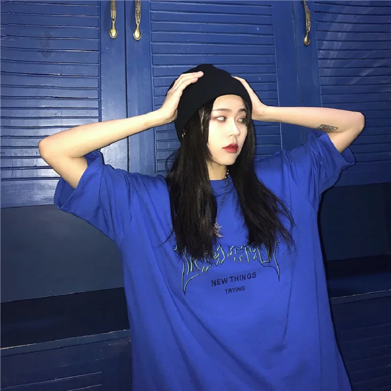Летняя новая Корейская уличная хип-хоп футболка в стиле Харадзюку с темно-черным буквенным принтом ins, модная свободная повседневная женская футболка с коротким рукавом - Цвет: blue
