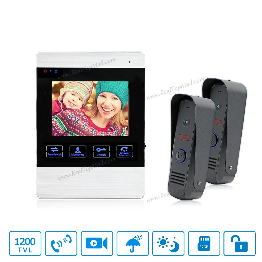 

4 inch TFT Color Monitor 1200TVL Camera Video Door Phone Intercom Security Speaker System Waterproof IR Night Vision 1v2