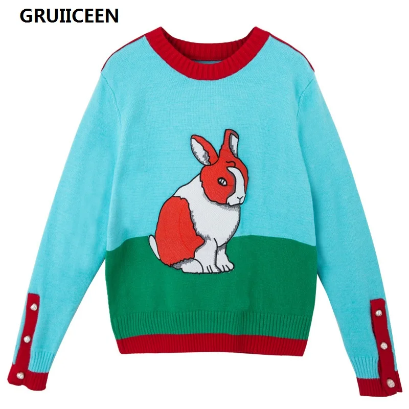GRUIICEEN Brand 2017 New Sweater Women Luxury Beading Long Sleeve Pullovers Jerseys Female O neck Rabbit Print jumper | Женская одежда