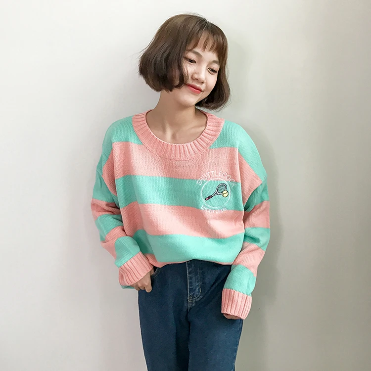 Women'S Sweaters Korean Harajuku Ulzzang Striped Cartoon Racket Loose Sweater Pullover Female Punk Clothing For Women