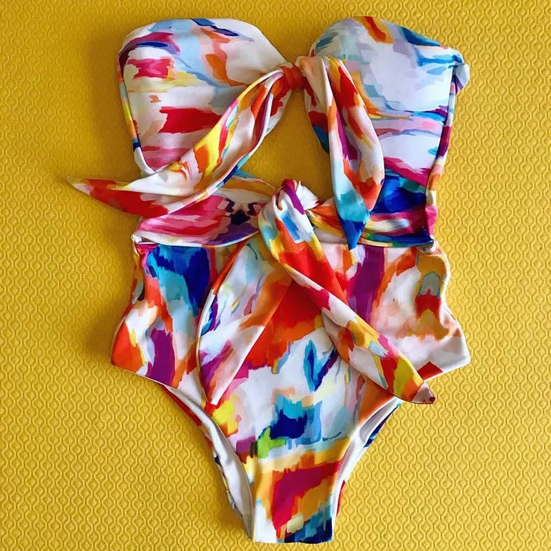 

2019 Swimwear Women Swimsuit One Piece Bodysuit Bandeau Monokini Print Bathing Suit Swim Wear Beach Cross BeachWear