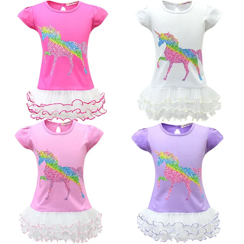 

2019 Summer Baby Girls Tutu Dress Little Girl Pom Pom Dress Rainbow Unicorn Printed Mini Dresses Princess T-shirt Girls Dress
