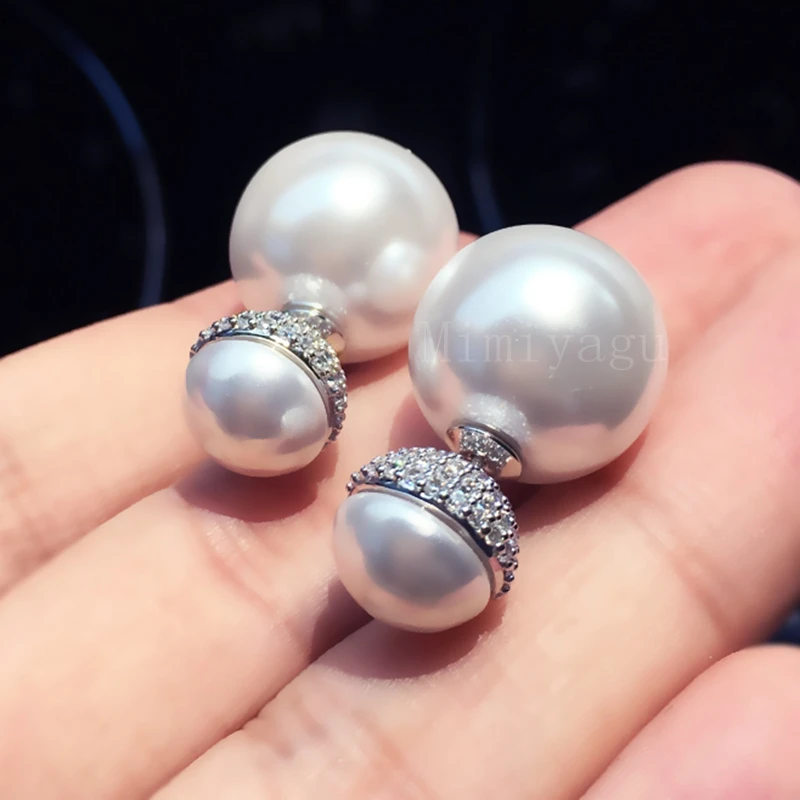 brinco jewelry Crystal Super Flash Double side pearl stud earring for women