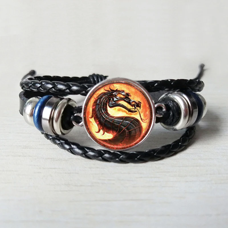 Новая мода Дракон кожаный браслет Mortal Kombat стеклянные купольные украшения кожаный браслет