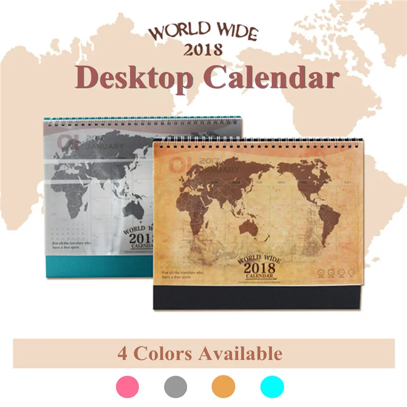 

2018 Desktop Calendar World Map Kraft PVC + Paper + Paperboard Durable Smooth Inside Pages Dual Metal Coils Calendars