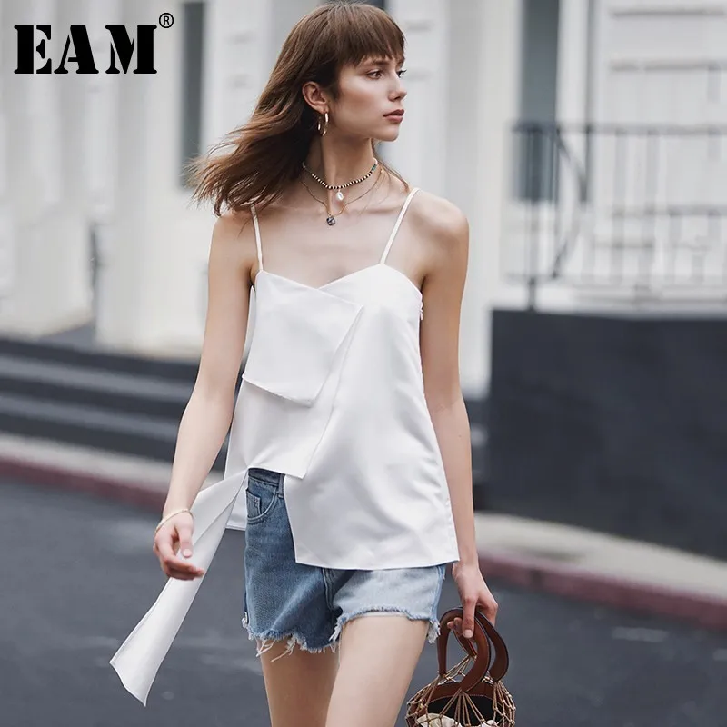 

[EAM] 2019 New Spring Summer V-collar Sleeveless Irregular Personality Spliced Brief Camis Tank Tops Women Fashion Tide JX669