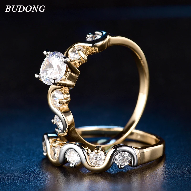 

BUDONG Authentic Gold Color 2 Rounds Sparkling Stackable Ring Micro Pave CZ for Women Wedding Jewelry Birthday Gift for Friends