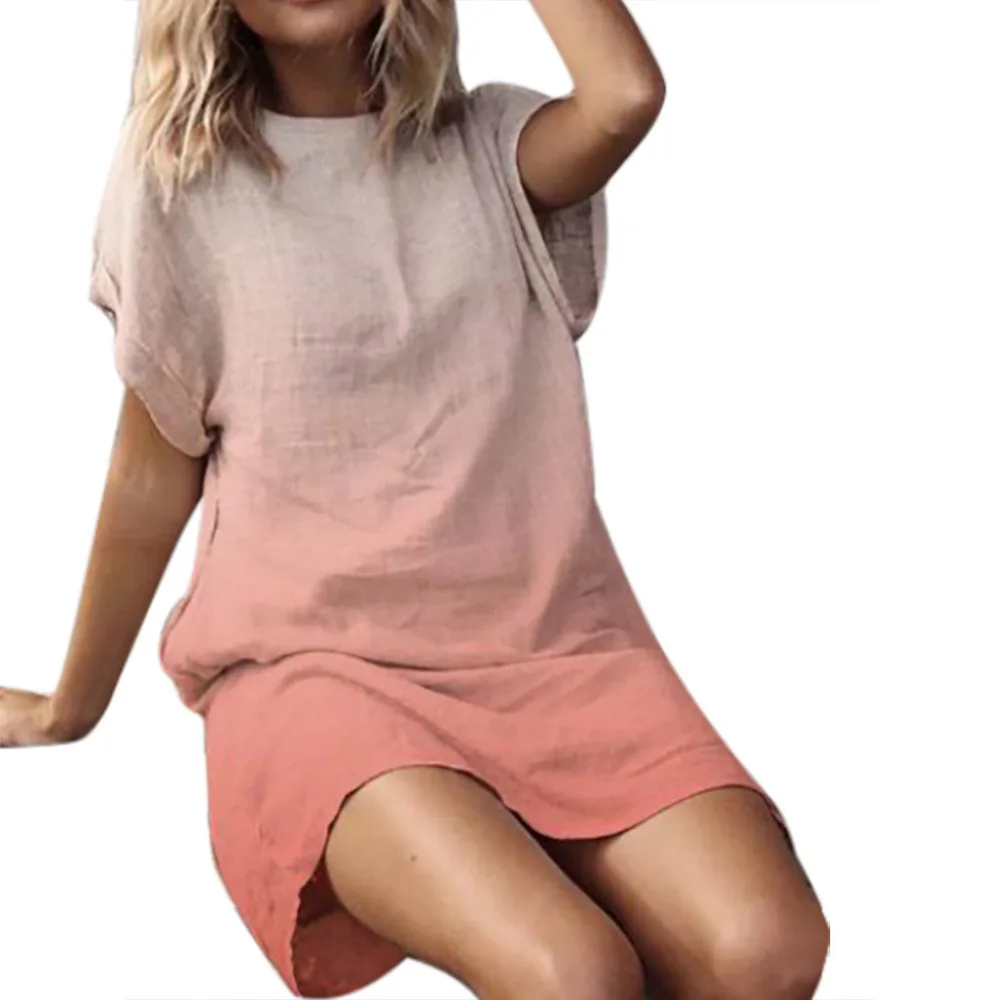2019 women loose plus-size round neck beach dress cotton summer print dyed gradient short-sleeved beach dress plus size 40J10 (10)