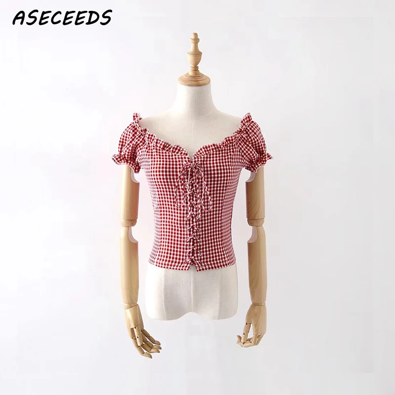 

Korean fashion white lace up ruffles shirts women Vintage Square collar puff Sleeve plaid blouse Summer women top and blouse