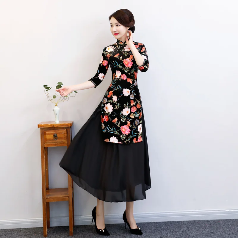 Женское длинное велюровое платье Qipao Dai облегающее на пуговицах в китайском стиле