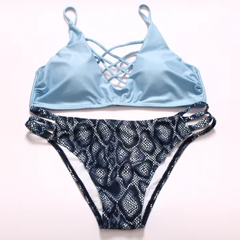 

Light Blue Brazilian Swimsuit Bikinis Snake Skin Printed Bikini Set Braid Thong Swimwear Bottom and tops Swimming Retro Monokini