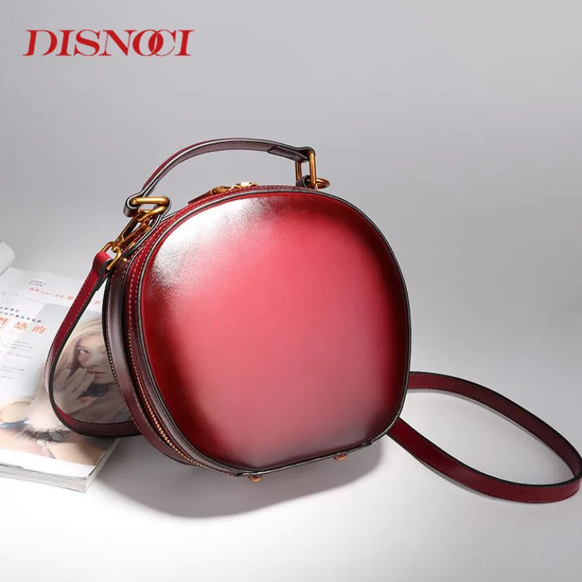 

Fashion Women Cow Leather Mini Circle Handbags Retro Shoulder Bag Small Rivet Crossbody Bags Ladies Cute Portable Messenger Bags