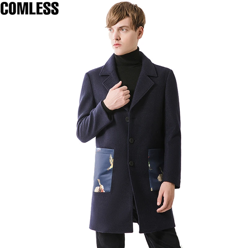 Top Grade Winter Trench Coat Men Bird Print Pocket Fashion Design Long