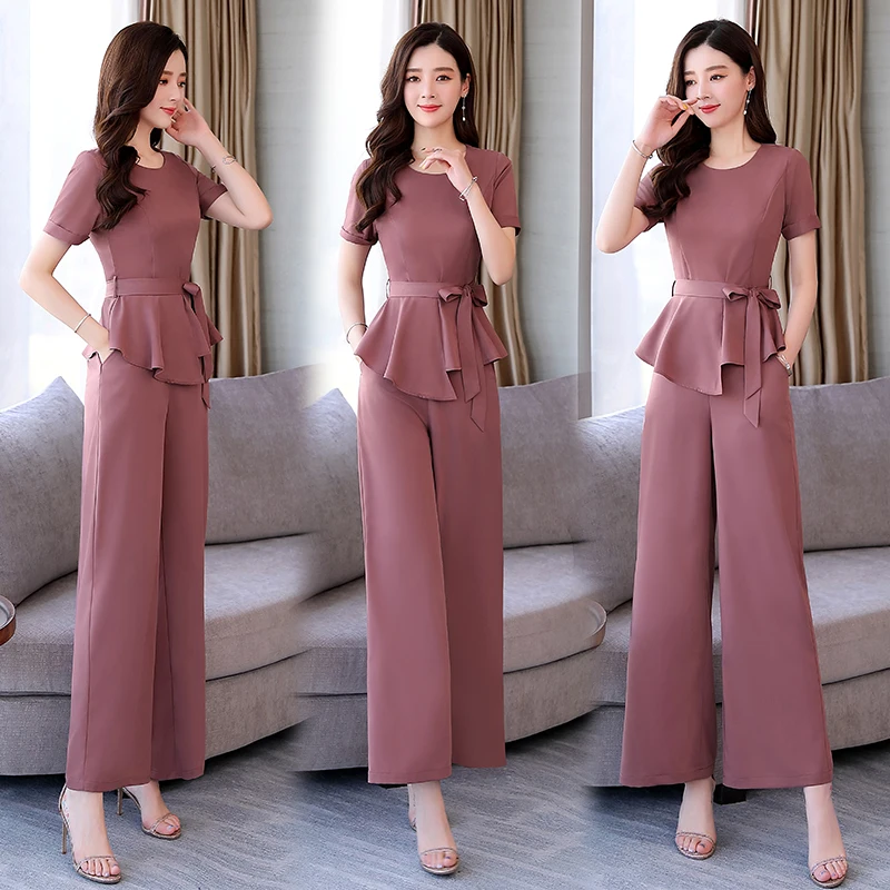 

Chiffon Wide Leg Pants Set 2019 Summer New Solid Color Woman Suit Two Piece Set Female Costume Ensemble Femme Deux Pieces