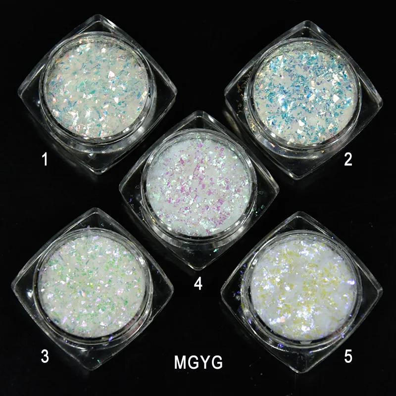 1 g/caja nueva llegada de 2017 pigmento de Mica cambiante de Color Camaleón de Color blanco Irregular para pintura de uñas, 5 colores