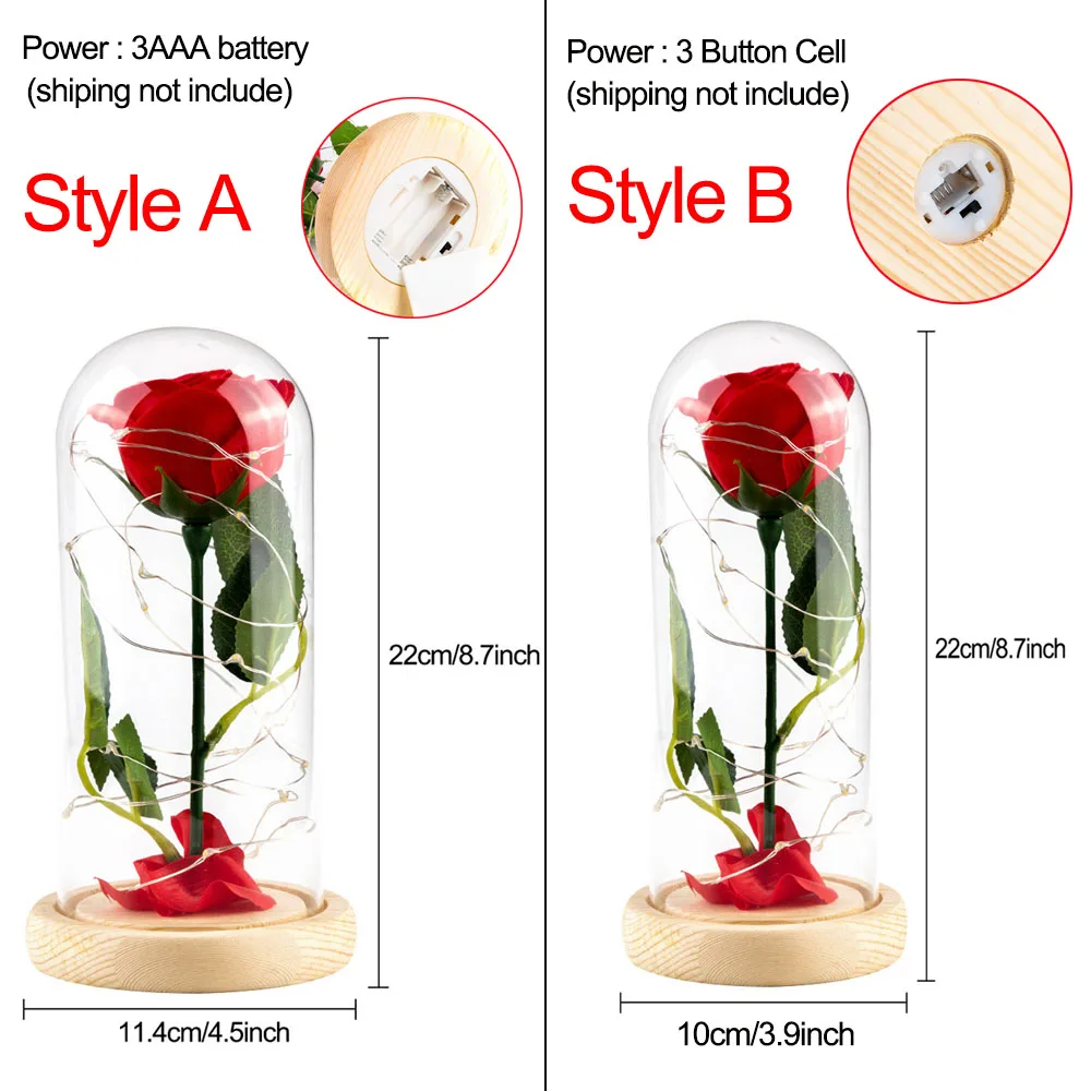 Красавица и Чудовище красная роза в стеклянном куполе на деревянной основе для подарков на день Святого Валентина светодиодный лампы с розами