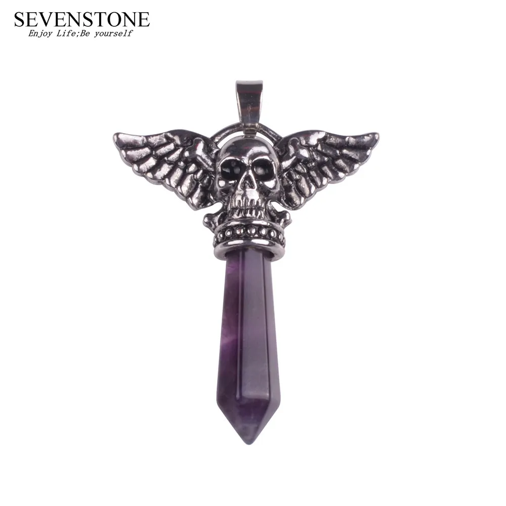 

SEVENSTONE Hip Hop Hipster Gorgeous Retro Gothic Style Natural Stone Skull Hexagonal Column Fashion Pendant for Men and Women