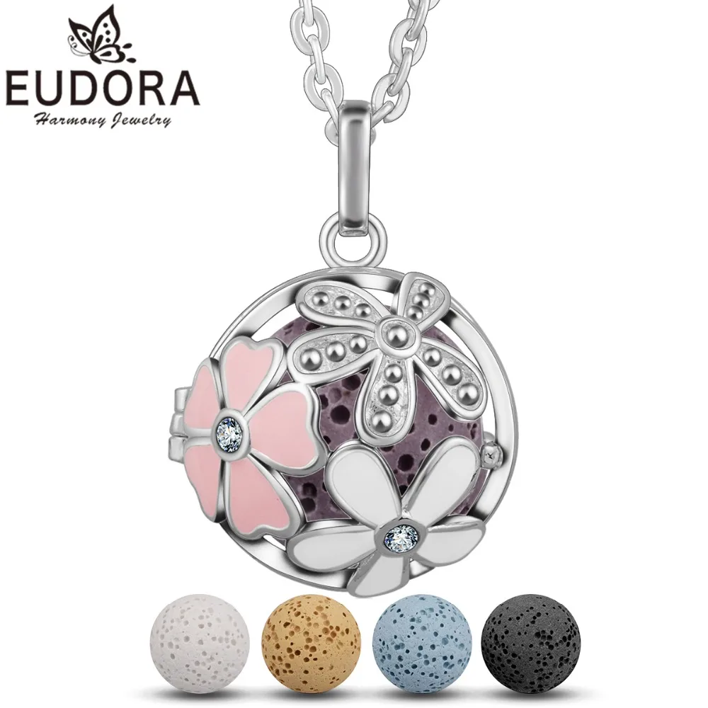 

Eudora Lava Stone Cherry Blossoms Flower Pendant Aromatherapy Essential Oil Diffuser Necklace Fashion Jewelry for Women Gift