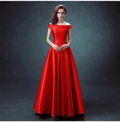 Красный Vestidos fiesta noche Коралловое Новое атласное с вырезом «лодочкой» с короткими рукавами трапециевидной формы голубого, зеленого, фиолетового, розового, бордового цвета длинное платье подружки невесты - Цвет: Красный