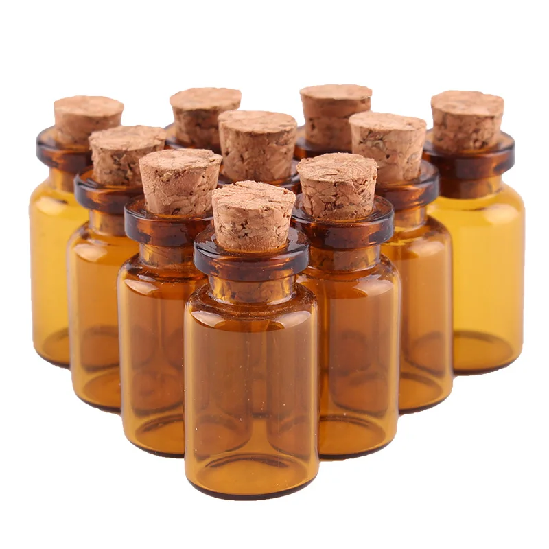 Wholesale 50pcs 1ml Amber Mini Glass Bottles Tiny Jar Vials With Cork