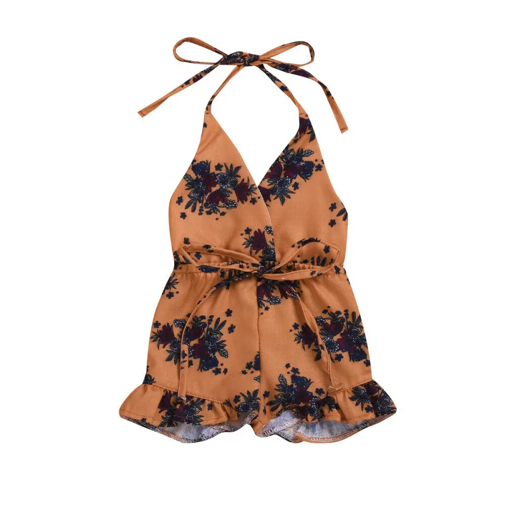 

Newborn Kids Toddler Girl Clothes Flower Strappy Romper Jumpsuit Brown Playsuit