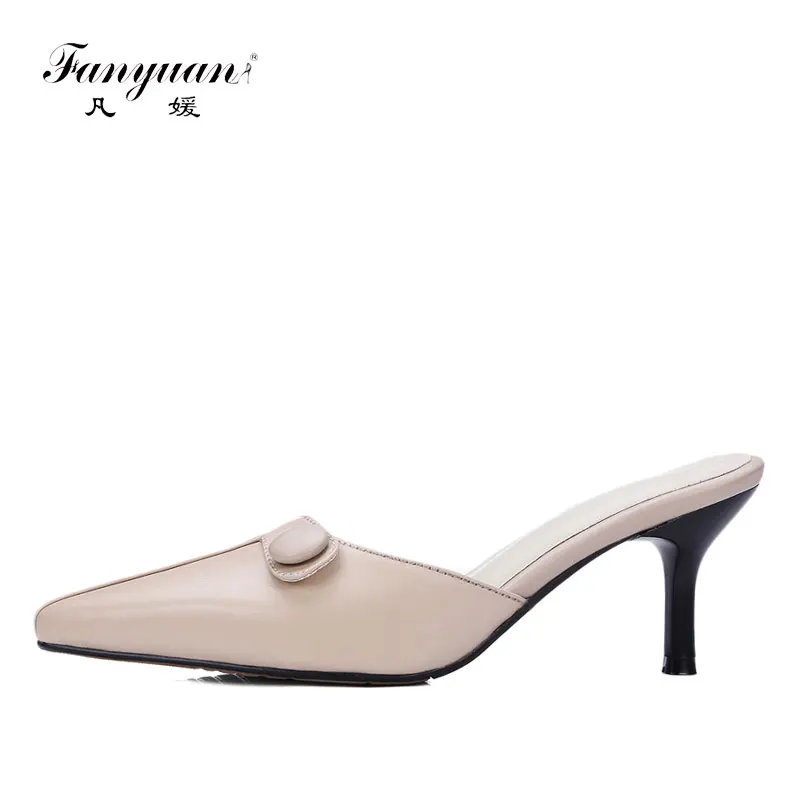 

Fanyuan Leather Slippers Women Pointed Toe Mules Slipper Sandals Summer High Heels Outside Flip Flops Elegant Nude Slides Women