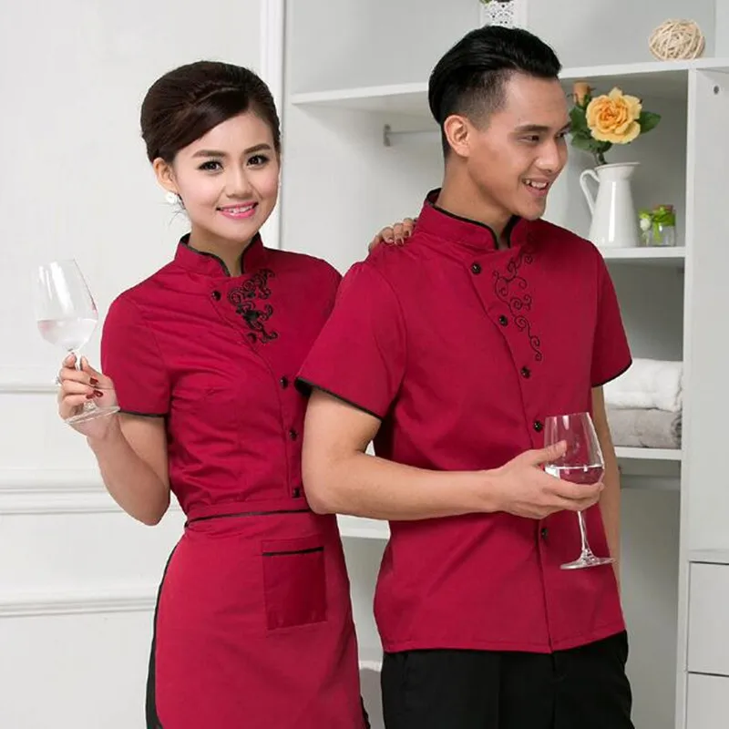 

Hotel Work Clothes Summer Women's Restaurant Hot Pot Waitresss Uniform Tea House Service Staff Waiter Short Sleeves Jacket H2126