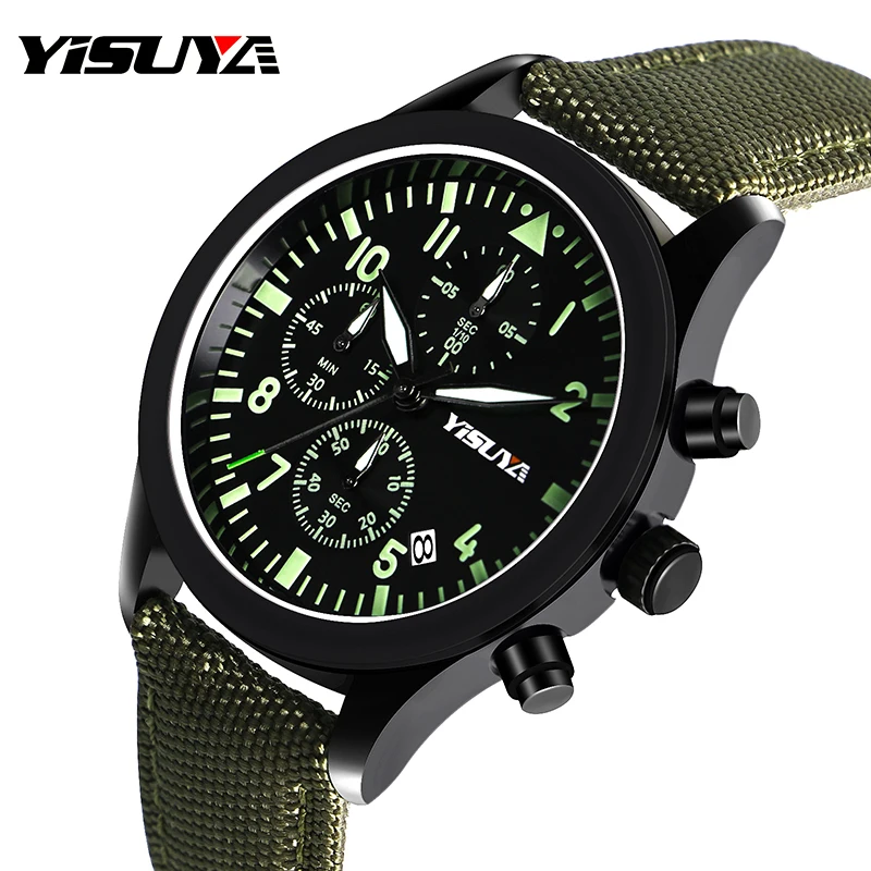 

YISUYA Men's Watches Chronograph Luminous Green Genuine Leather Nylon Quartz Watch Date Day Military Army Sports Wristwatch 0801