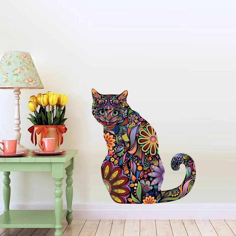 Современные наклейки на стену с изображением цветов и кошек, яркие наклейки на стену с цветочным узором для гостиной, настенные наклейки, самоклеющиеся обои для дома