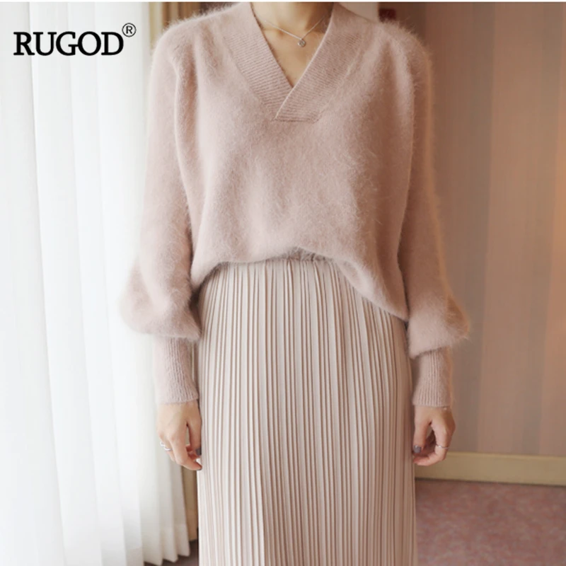 

RUGOD Women Mink Cashmere Elegant Charming Soft Knitted Sweater V-Neck Lantern Sleeve Office Lady Loose Solid Female Sweater