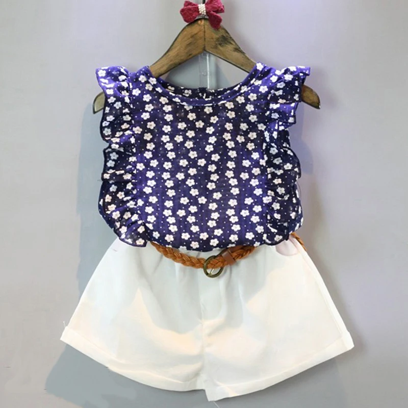 

Summer Girls set Flower sleeveless Blouses White shorts with belts Floral shirt O-neck shirts Fashion children kids clothes suit