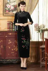 Шанхай история Китай Стиль Cheongsam платье Женская мода осень Цветочный Вышивка платье бархат Qipao платье 3 Стиль