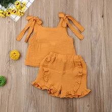 Pudcoco/Летняя одежда для маленьких девочек Однотонные топы без рукавов, короткие штаны с оборками комплекты из 2 предметов Повседневная хлопковая одежда